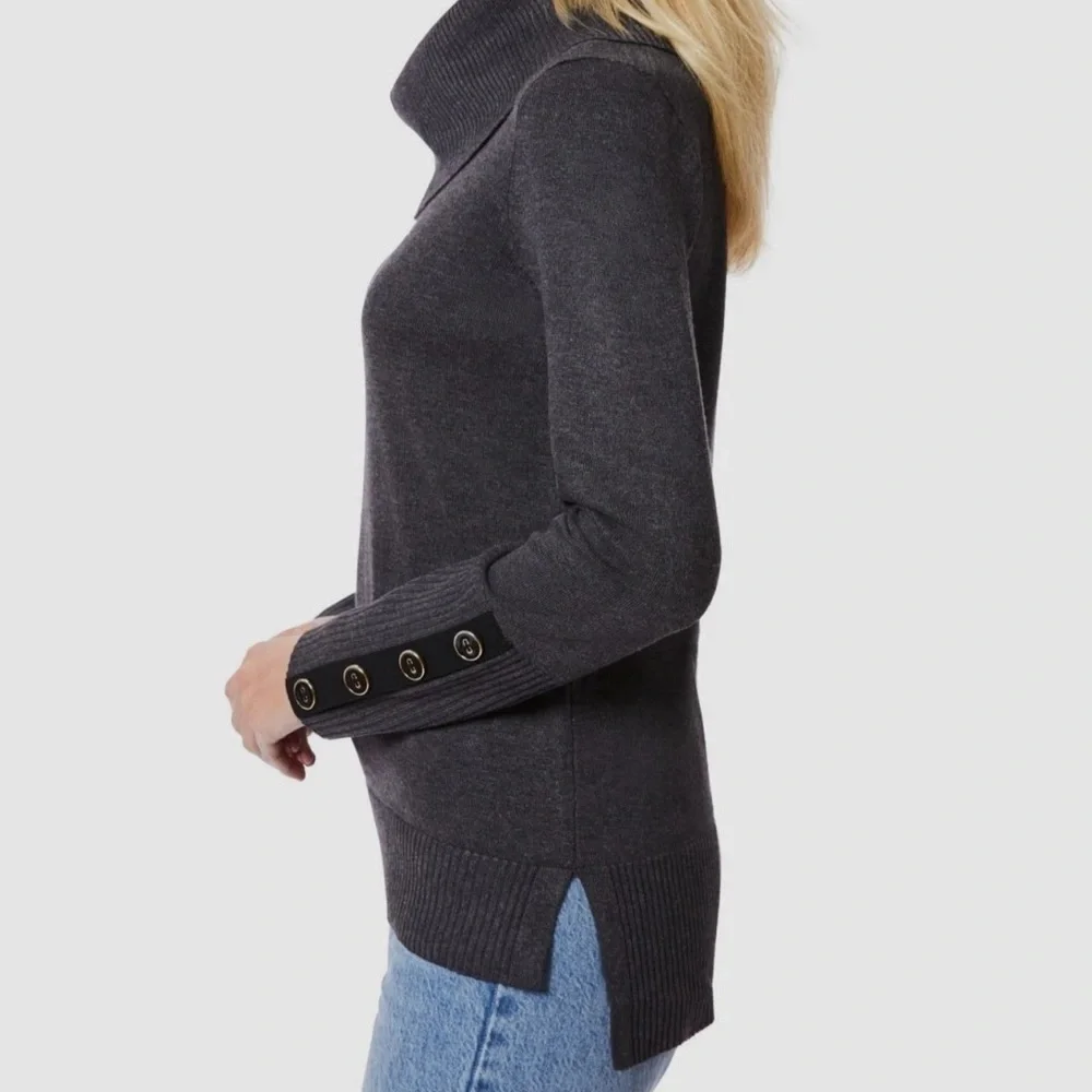 Melissa Paige Women's Gray Contrast-Cuff Cowl-Neck Sweater Size 1X - Picture 2 of 8